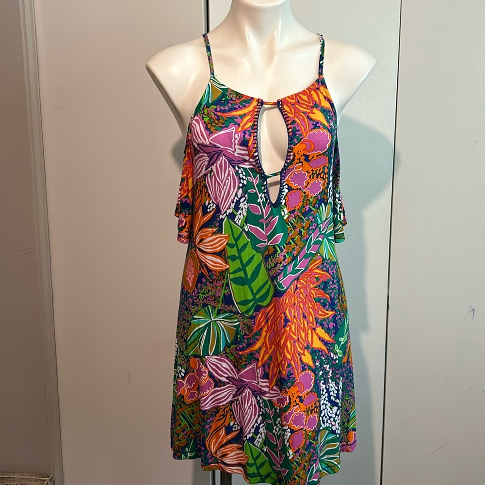 Trina Turk vibrant colorful tropical off the shoulders mini dress resort wear